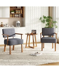 homfan Set of 2 Mid Century Modern Dining Chairs - Linen Upholstered Armchairs Plain Wood Frame Classic Vertical Stripe Design