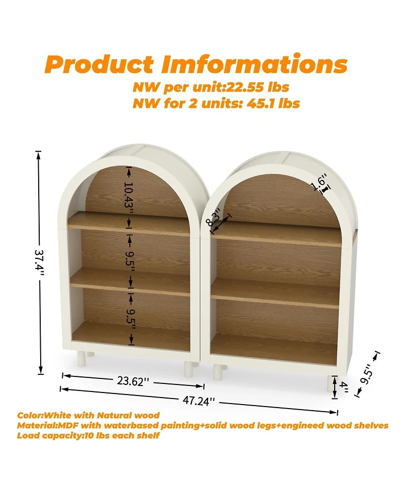 Streamdale Furniture Set of 2 Arched 3-Tier Wooden Bookshelves