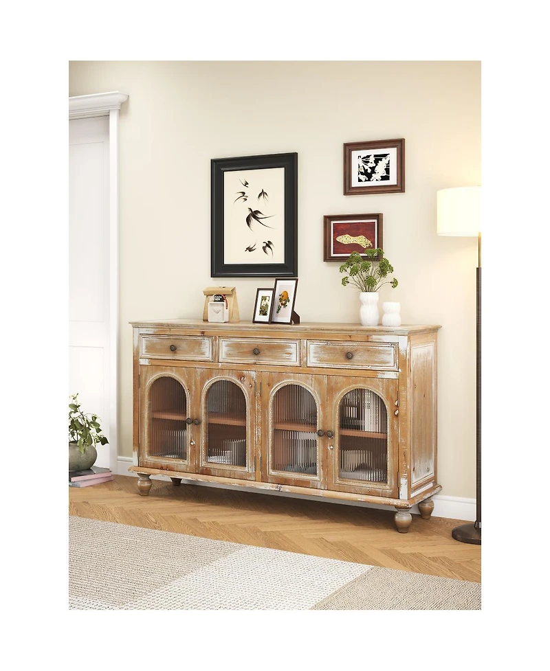 Streamdale Furniture 59 Inch Farmhouse Sideboard Buffet with 3 Drawers and 4 Glass Doors