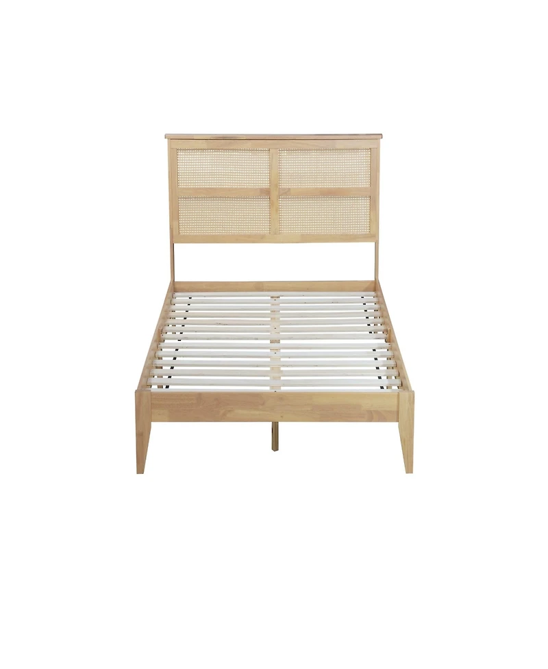 Clihome Queen Size Rubber Wooden, Solid Wooden Bed with Rattan Headboard, Enhanced by Support Feet