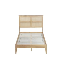 Clihome Queen Size Rubber Wooden, Solid Wooden Bed with Rattan Headboard, Enhanced by Support Feet