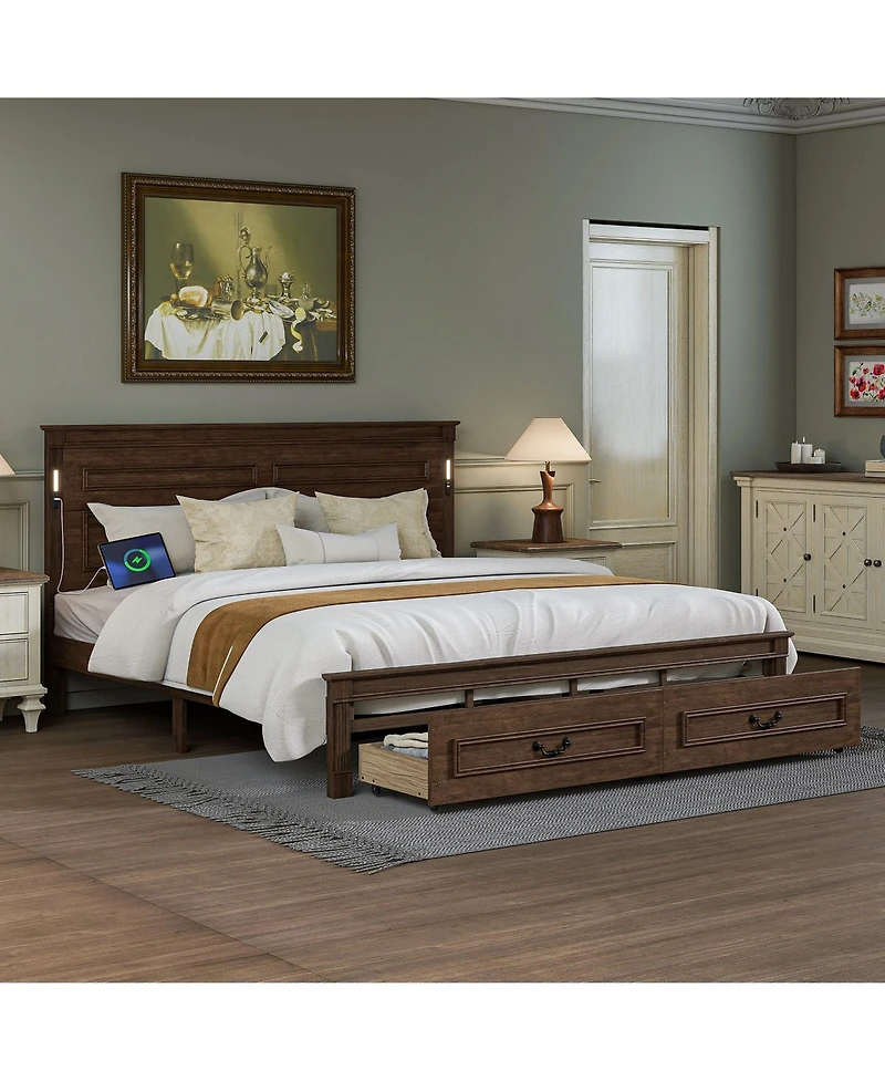 Clihome King Size Bed with Tall-Panel Headboard and Footboard, 2 Storage Drawers, Built-in Led Lights