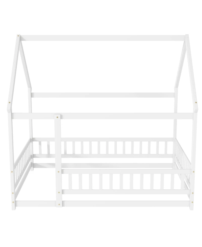 Clihome Full Size House Floor Wooden Bed with Roof Frame, Safety Guardrails