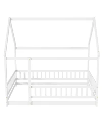 Clihome Full Size House Floor Wooden Bed with Roof Frame, Safety Guardrails
