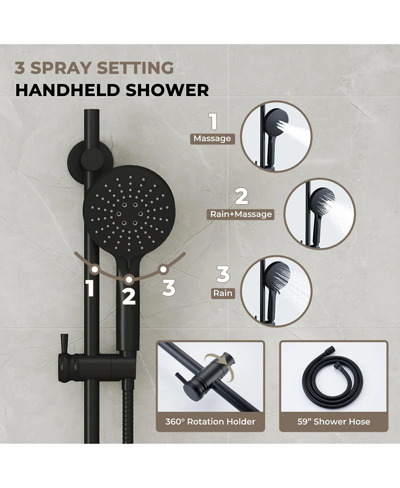 Casainc Modern 2-Function Shower System with Rainfall Head & 3-Mode Handheld,Adjustable Slide Bar