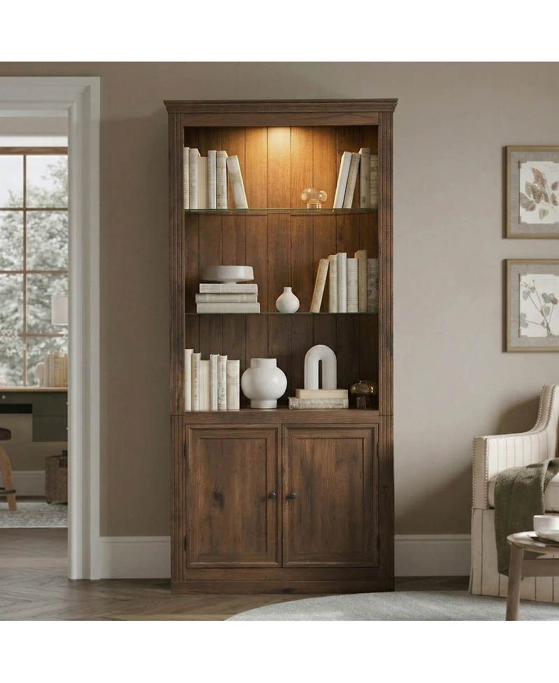 Streamdale Furniture 4-Tier Farmhouse Display Shelf with Led Lights and Glass Shelves