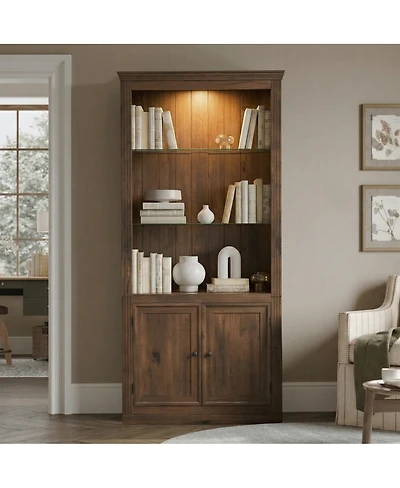 Streamdale Furniture 4-Tier Farmhouse Display Shelf with Led Lights and Glass Shelves