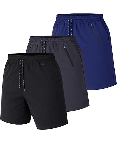 Galaxy By Harvic Men's Performance Training Shorts with Zipper Pockets, 3-Pack