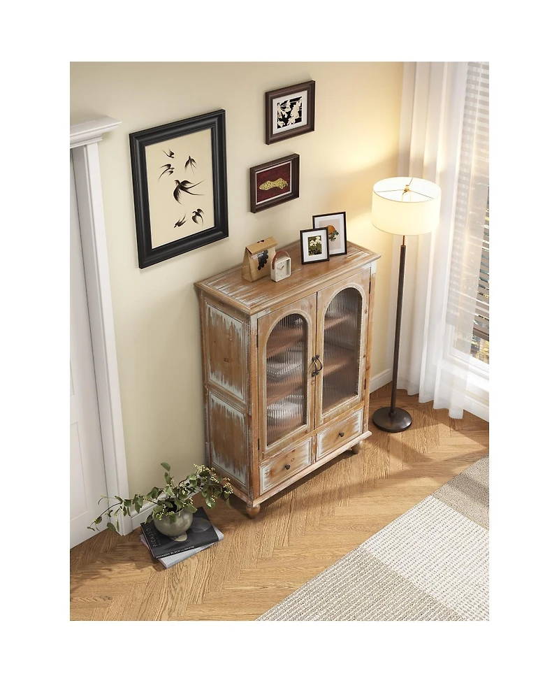 Streamdale Furniture Farmhouse Distressed Wood Kitchen Pantry Cabinet with Glass Doors and Drawers