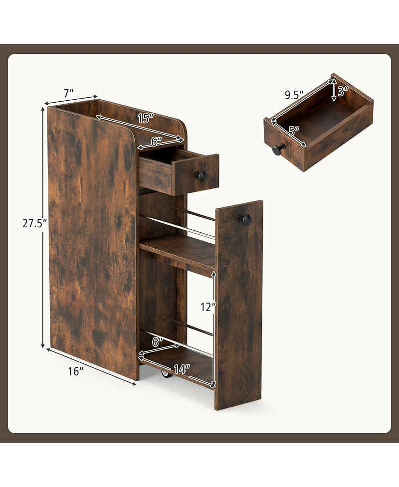 Costway Slim Bathroom Storage Cabinet with Slide Out Drawer Spacious Top Rolling Wheels