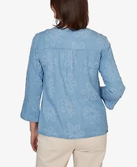 Alfred Dunner Women's Camden Market Tonal Embroidered Soft Henley Top
