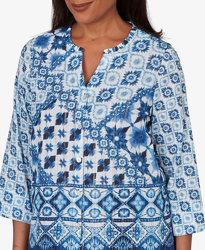 Alfred Dunner Women's Indigo Girls Ikat Tie-Dye Patchwork Henley Top