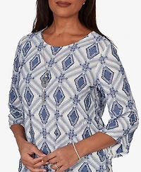 Alfred Dunner Women's Indigo Girls Diamond Textured Top with Necklace