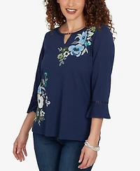 Alfred Dunner Women's Indigo Girls Asymmetric Sequin Flowers Knit Top