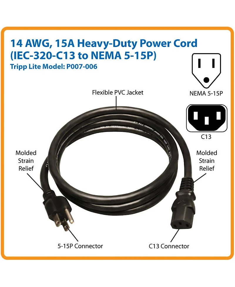 Tripp Lite 6' 14 Awg Nema 5-15P to Iec C13 Computer Power Cord