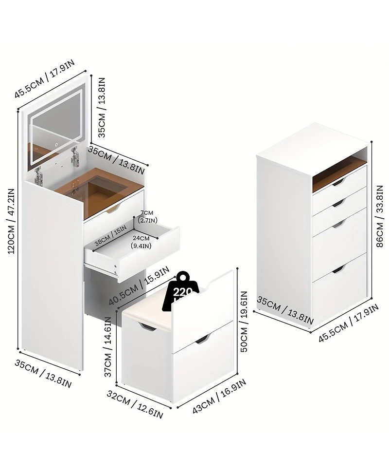 Streamdale Furniture 3-in-1 Multifunctional Dressing Table Set with Mirror, Drawers