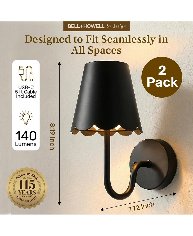 Bell + Howell Set of 2 Metal Scallop Shade Dimmable Led Rechargeable Cordless Touch Control Lights Wall Sconces