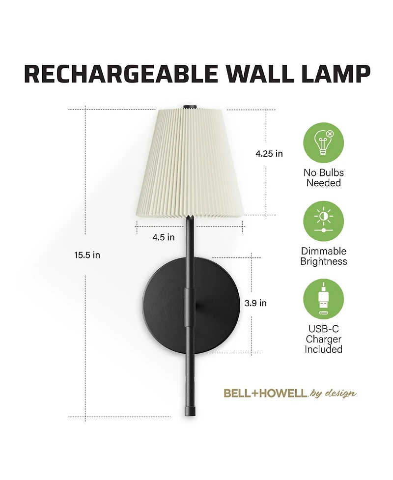 Bell + Howell Pleated Shade Dimmable Led Rechargeable Cordless Touch Control Lights Wall Sconces