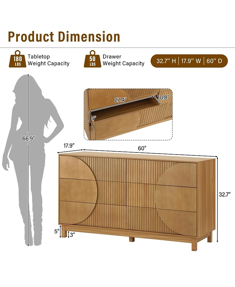 Streamdale Furniture 6-Drawer Fluted Wood Dresser and Storage Chest, 60" Wide