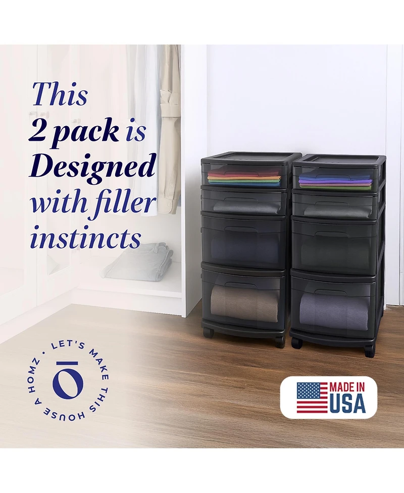 Homz Tall Solid Plastic 4 Drawer Medium Storage Cart with Wheels