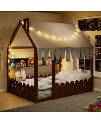 Streamdale Furniture Full Size Montessori House Bed with Fence, Storage and Lights