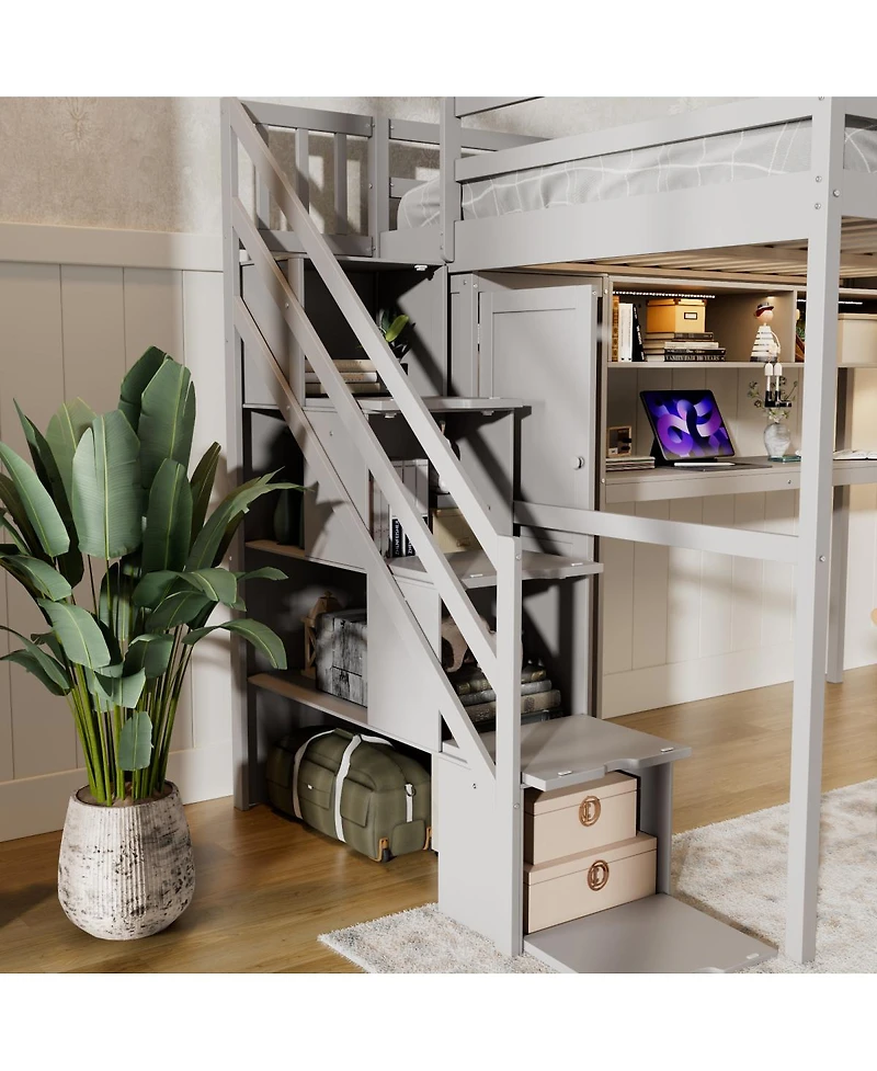 Streamdale Furniture Full Loft Bed with Wardrobe, Desk, Shelves and Lights