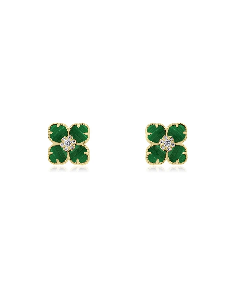 The Lovery Malachite Cz Flower Stud Earrings 14K Gold-Plated Sterling Silver