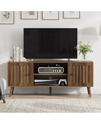 Streamdale Furniture 55-inch Wooden Tv Cabinet with 2 Grooved Doors and Adjustable Shelves - Walnut