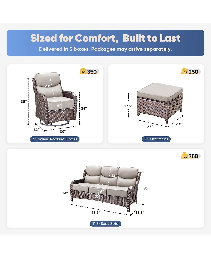 Patio Furniture Set with 6-Inch Thick Cushion, 5-Piece Outdoor Conversation Sofa, Swivel Rocker Chairs and Ottomans