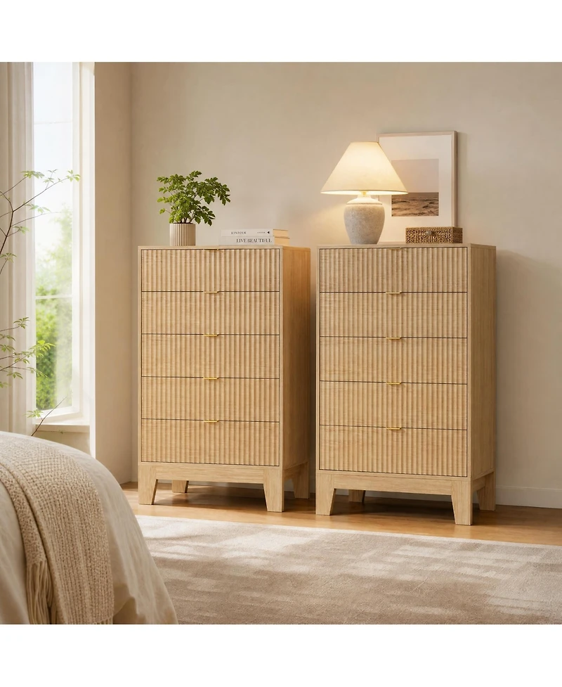 homfan 2 Set of 5 Drawer Dresser with Wave Pattern, Vertical Storage Tower with Gliding Drawers, Versatile Cabinet for Bedroom, Easy Assembly
