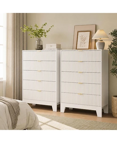 homfan 2 Set of 5 Drawer Dresser with Wave Pattern, Vertical Storage Tower with Gliding Drawers, Versatile Cabinet for Bedroom