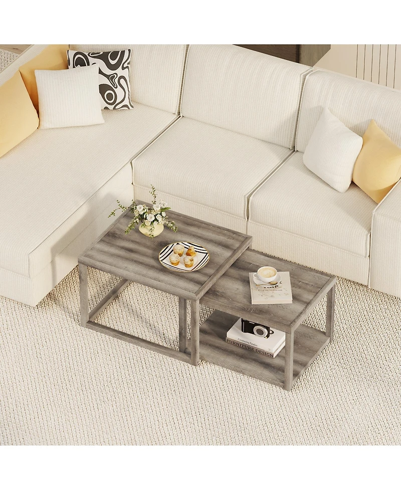 Gymax Nesting Coffee Table Set of 2 Stackable Rectangular End Tables With Storage Shelf