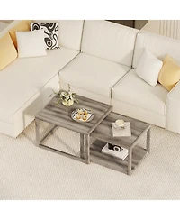 Gymax Nesting Coffee Table Set of 2 Stackable Rectangular End Tables With Storage Shelf