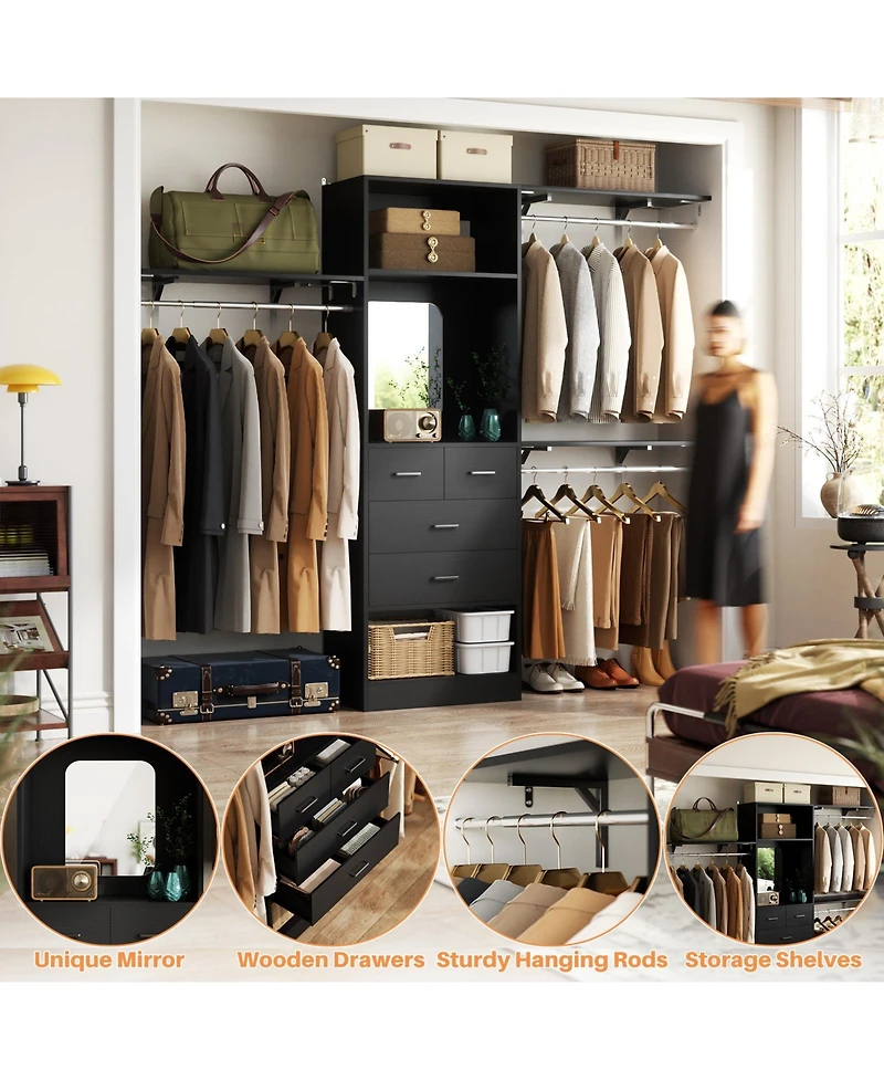 Aheaplus Freestanding Closet System with Hanging Rods and Mirror, Storage Cabinet Drawer Shelves