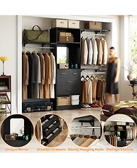 Aheaplus Freestanding Closet System with Hanging Rods and Mirror, Storage Cabinet Drawer Shelves