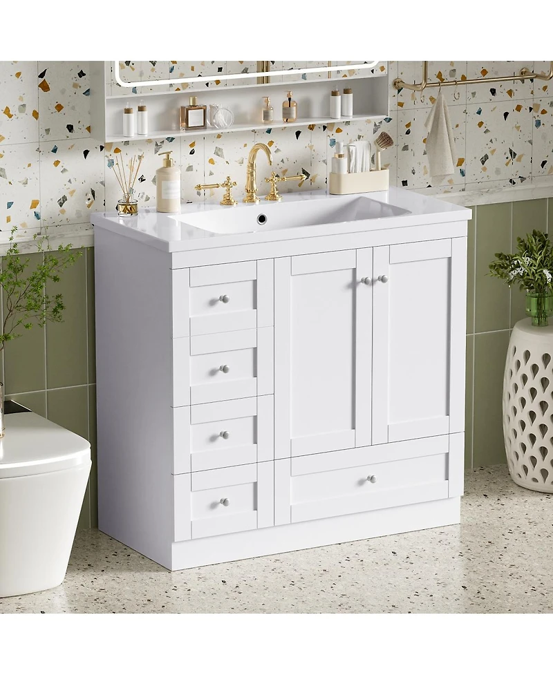 Sillysis 36 Inch Bathroom Vanity with Resin Sink, Shaker Style Mdf Cabinet, 4 Soft Close Drawers, Storage for Small Spaces