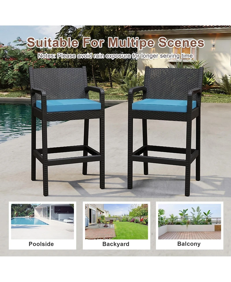 homfan Set of 4 All-Weather Wicker Bar Stools, 30 Inch Patio Height Chairs with Cushions, Ideal for Backyard, Pool, Garden and Balcony