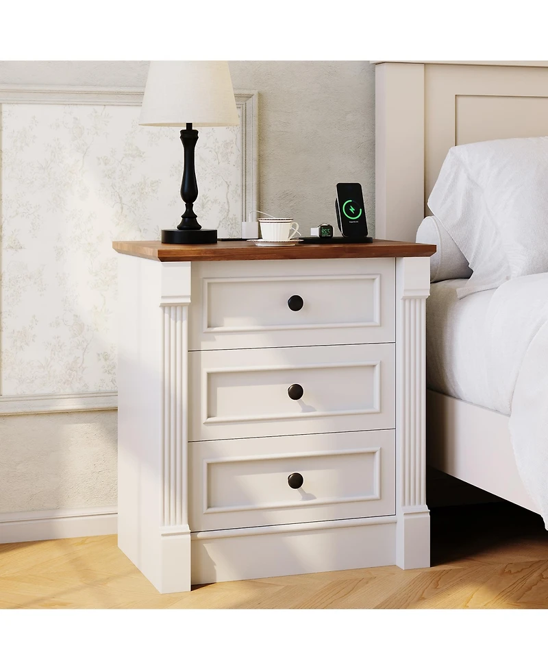 gaomon 23.6" Farmhouse Nightstand with Charging Station, 3 Drawers, Rustic Wood Bedside Table, Roman Column Design for Bedroom/Living
