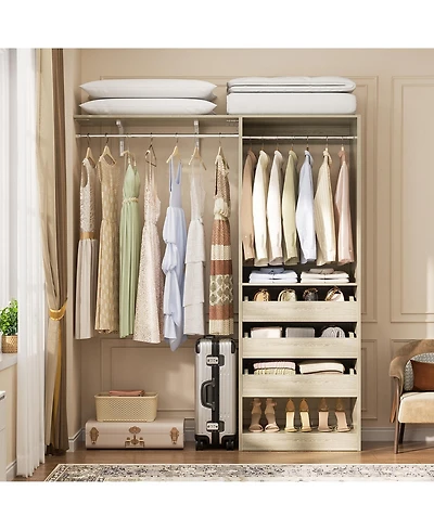Aheaplus 5 feet Wall Mounted Closet System with Drawers and Shelves, Sturdy Rack 2 Hanging Rods for Closet/Bedroom
