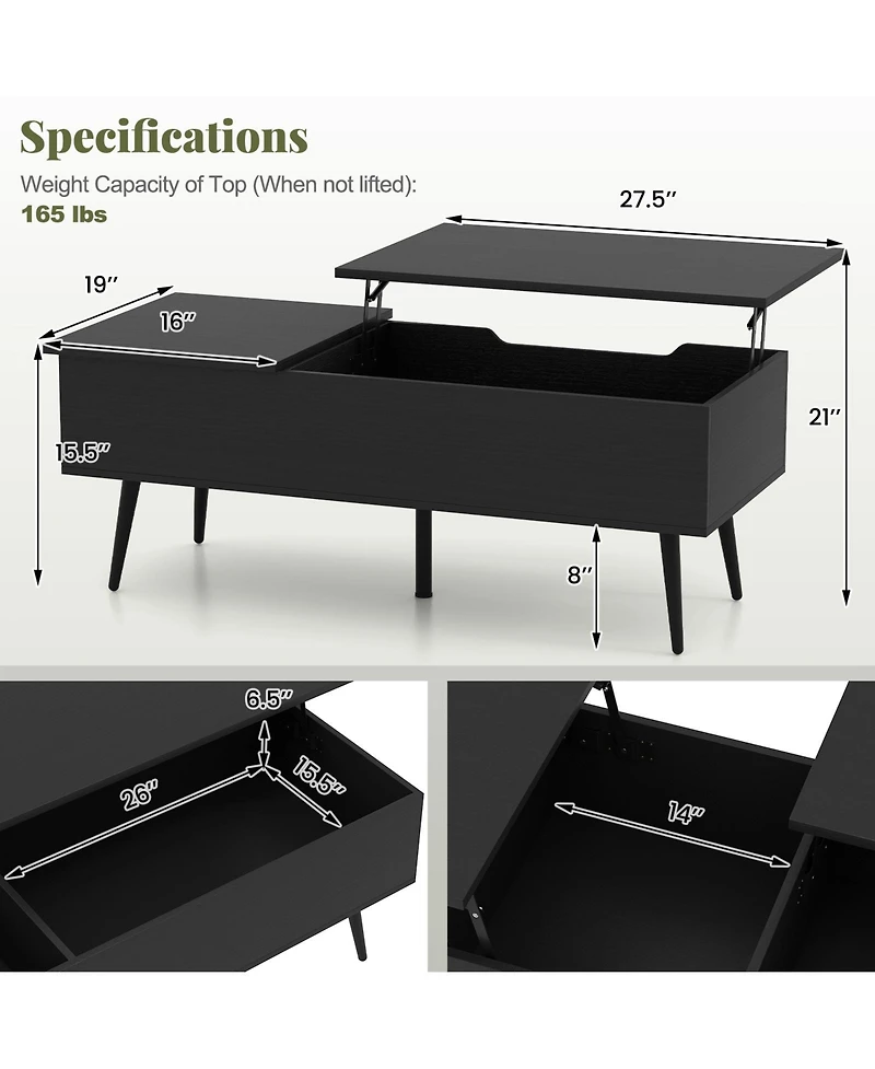 Gymax Lift Top Coffee Table/ Split Top and 2 Hidden Compartments Tapered Metal Legs
