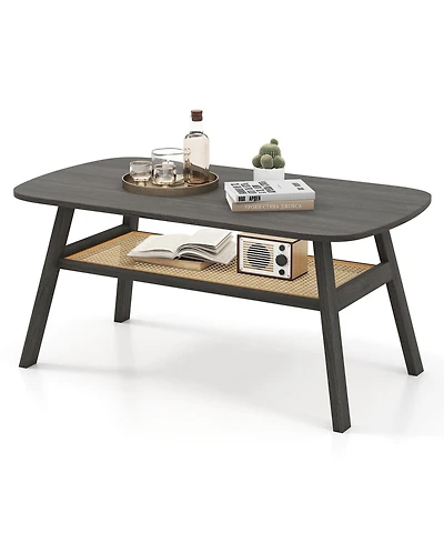 Gymax 2-Tier Coffee Table / Rattan Storage Shelf and Rubber Wood Legs for Living Room
