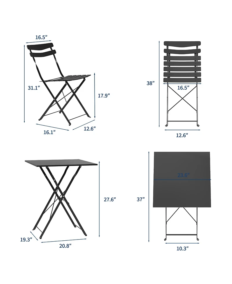 homfan 3-Piece Foldable Patio Bistro Set, Metal Square Table and 2 Folding Chairs for Outdoor Indoor Balcony Porch Deck Garden