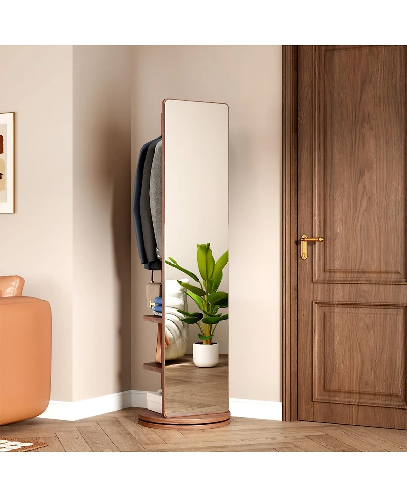 Phying walnut 360° rotating full-length mirror with solid wood frame, hook storage rack, and coat rack, perfect for bedroom or living room use.