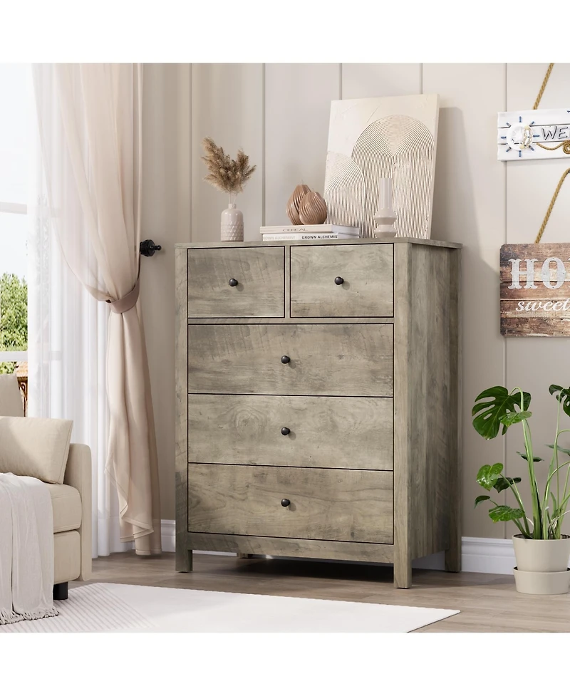 homfan Modern 5 Drawer Dresser for Bedroom - Tall Wooden Chest, Storage Organizer, Drawers Entryway, Hallway, Closet, Kids Room, Home Office