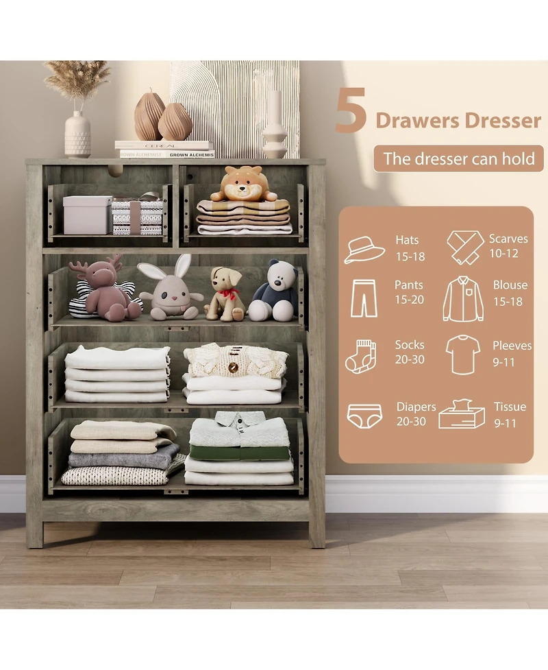 homfan Modern 5 Drawer Dresser for Bedroom - Tall Wooden Chest, Storage Organizer, Drawers Entryway, Hallway, Closet, Kids Room, Home Office