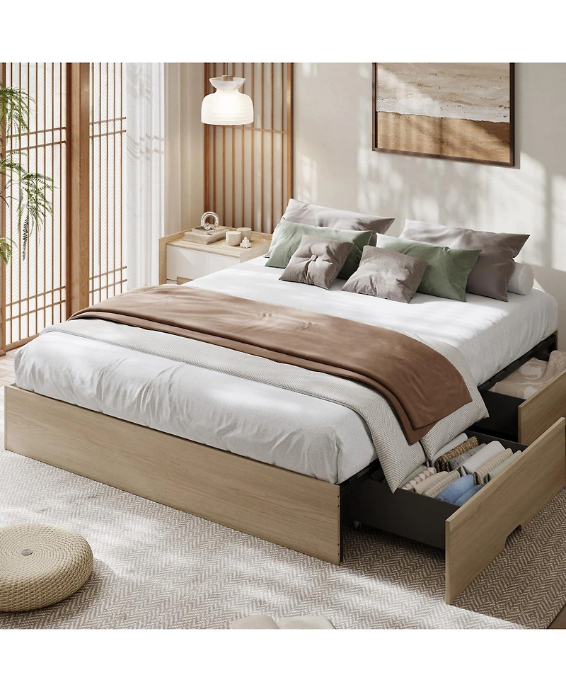 Gaomon California Bed Frame with 2 Storage Drawers, No Headboard, Wood Slat Support, Noise Free