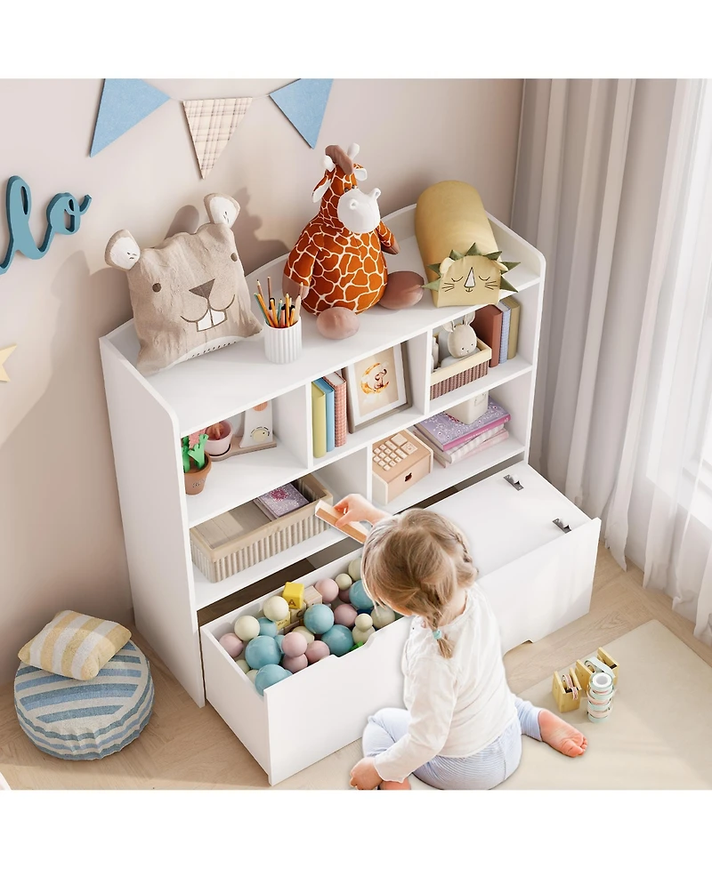 homfan Multifunctional Toy Storage Organizer, Kids Bookshelf with 5 Cubbies and 2 Drawers, Chest for Playroom, Bedroom, Hallway, Classroom