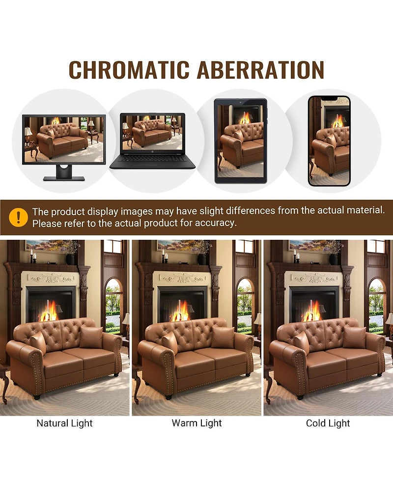 Streamdale Furniture Faux Leather Chesterfield Sofa with Nailhead Trim and 2 Pillows
