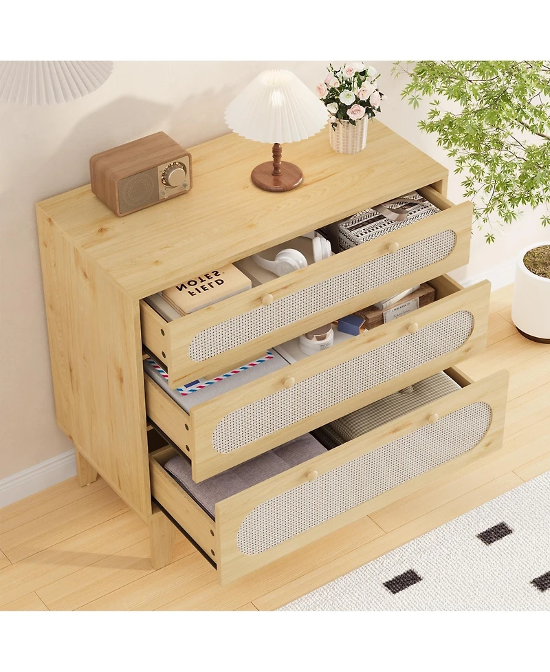 homfan Modern Rattan 3 Drawer Dresser for Bedroom - Wooden Farmhouse Storage Chest with Handles and Anti-Tip Kit