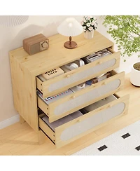 homfan Modern Rattan 3 Drawer Dresser for Bedroom - Wooden Farmhouse Storage Chest with Handles and Anti-Tip Kit